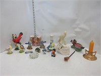 LOT: BIRD FIGURES; CANDLE HOLDERS; MISC