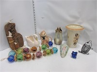 LOT: VASES; COLOURED BALL HANGINGS; MISC