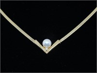 14K GOLD NECKLACE, PEARL W/DIAMOND