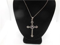 S.S. AND AMETHYST CROSS NECKLACE & CHAIN