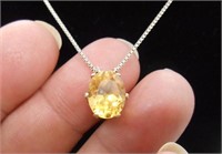 STERLING SILVER CITRINE PENDANT NECKLACE & CHAIN