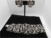 SILVER TONE BRACELET WITH MATCHING CLIP EARRINGS