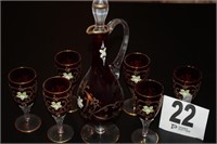 Hand Painted Ruby Crystal Decanter 14" w/ Six