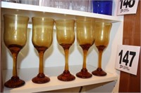 Five Rustic Hand Blown Amber Glass Wine Stems 8"