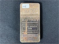 Johnson Matthey Fine Silver 999 10oz Troy Bar