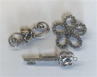 2-Rhinestone Brooches with one Silver Tone Brooch