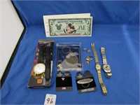 disney watches, charms, pins, and dollars