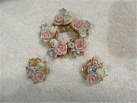 VINTAGE PORCELAIN FLOWER BROOCH 2.25" AND EARRINGS