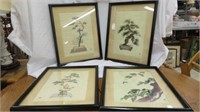 4PC FRAMED SILK ON SILK BONSAI EMBROIDERED