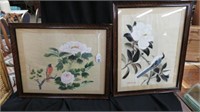 PAIR FRAMED BIRD WATERCOLORS ON SILK 17"T X 21"W