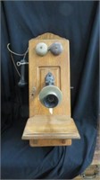 ANTIQUE OAK KELLOGG WALL CRANK PHONE-NO INSIDES