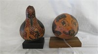 PAIR CARVED ANIMAL GOURDS ON STANDS 8.75"T