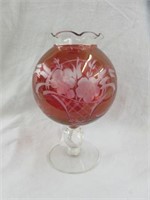 ETCHED RUBY CUT TO CLEAR IVY BOWL 8"T