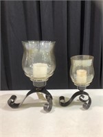Pair of wrought iron and glass candle holders