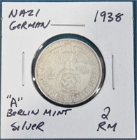 1938 German Silver 2 Reichsmark Coin