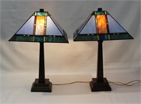 Pair Dale Tiffany Slag Glass Table Lamps - Signed