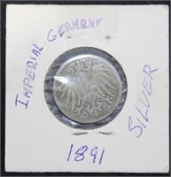 1891 Imperial Germany Silver 10 Pfennig Coin