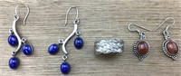 2 Pr Sterling Lapis & Sandstone Earrings + SS Ring