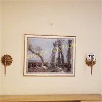 Large picture with 2 golden sconces