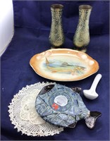 Antique Fish Platter & Pr of Brass Vases & Misc