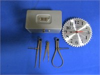 metal box, calipers, and shop clock