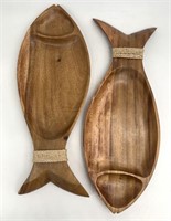 Pair of Acacia Kip Wood Divided Fish Trays