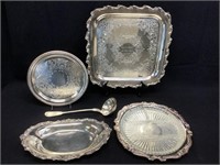 5pc Silver Plated Serving Trays & Spoon Set