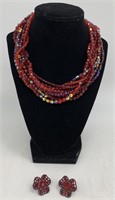 9 Strand Red Faceted Beaded Necklace & Earrings