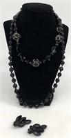 Two Black Glass Beaded Necklaces and Earrings
