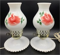 Pair Vintage Milk Glass Hurricane Shade Lamps