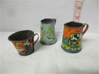 3 EARLY TIN LITHO MICKEY MOUSE CUPS& JUG