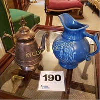 Ceramic blue pitcher & silver tea/coffee pot
