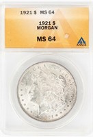 Coin 1921-P Morgan Silver Dollar ANACS MS64
