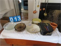 GROUP TINS, GLASS BAKING DISH, PIE PLATES