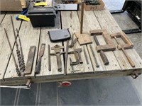 wooden clamps, bits, tools, etc