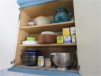 CONTENTS IN CUPBOARD, DISHES, PITCHER, COLANDER