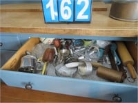 CONTENTS OF DRAWER- ROLLING PINS, UTENSILS, JUICER