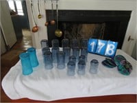 GROUP OF BLUE GLASSES & COASTERS
