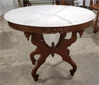 Vintage Mahogany Carved Marble Top Oval Table