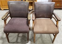 2 brown upholstered chairs, w/ faux leather