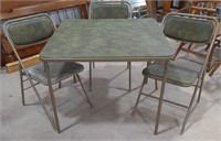 Green card table, w/ 3 chairs, approximately 33
