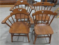 4 wooden chairs, spindle back, sits at 17", 2