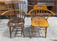 2 wooden spindle back chairs, both have arm