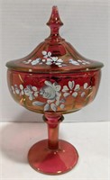 Red clear glass pedestal candy dish with painted