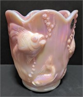 Fenton marked glass vase with fish design. Pink