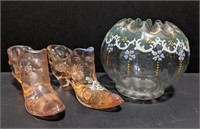 Lot of two Fenton marked glass shoes and a