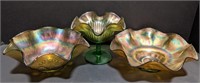 Lot of three Iridescent glass pieces. Green and