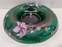 Fenton marked peacock green flowered bowl on