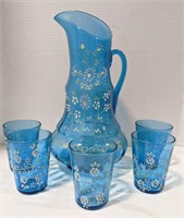 Glass pitcher and five glasses. Pitcher and
