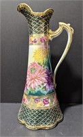 Nippon marked large hand painted ewer pitcher.